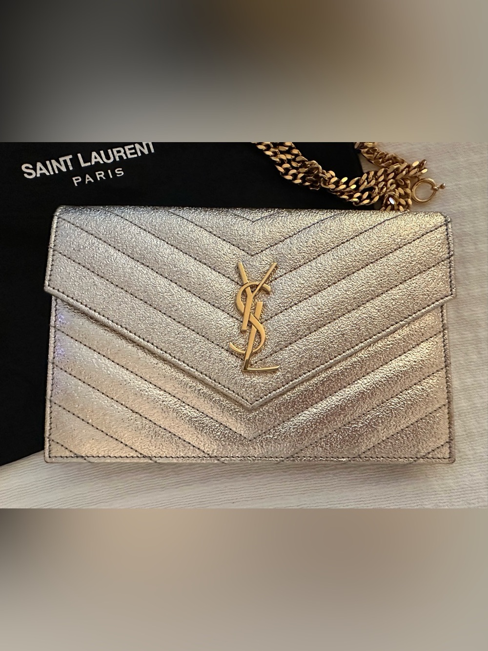 Yves Saint Laurent Metallic Silver Chevron Envelope Crossbody with Gold Chain